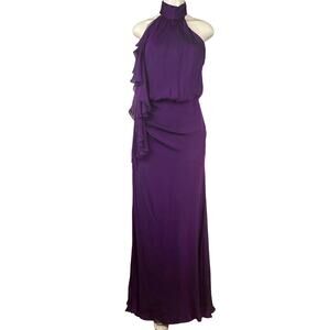 Carmen Marc Valvo Collection 100% Silk Purple Choker Maxi Dress Open Back SZ 4